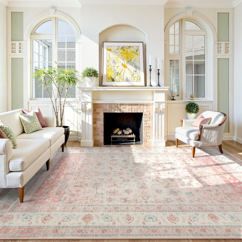 Photo 1 of LIVEBOX Washable 9x12 Area Rugs for Living Room, Light Pink Soft Large Rugs for Bedroom, Non-Slip Boho Cute Floral Area Rug for Dining Room