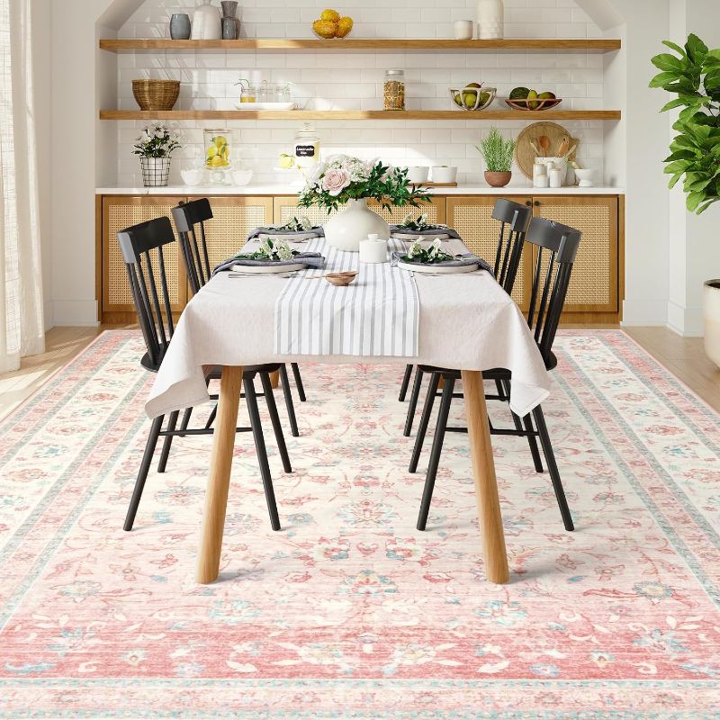 Photo 1 of LIVEBOX Washable 9x12 Area Rugs for Living Room, Light Pink Soft Large Rugs for Bedroom, Non-Slip Boho Cute Floral Area Rug for Dining Room