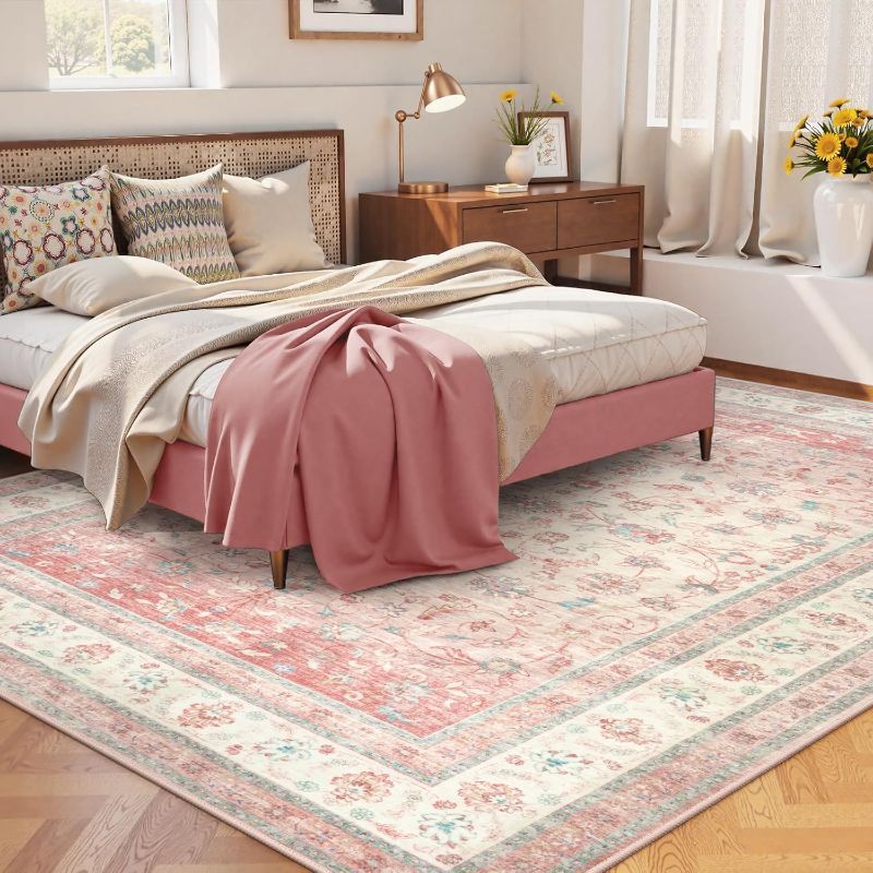Photo 1 of LIVEBOX Washable 9x12 Area Rugs for Living Room, Light Pink Soft Large Rugs for Bedroom, Non-Slip Boho Cute Floral Area Rug for Dining Room