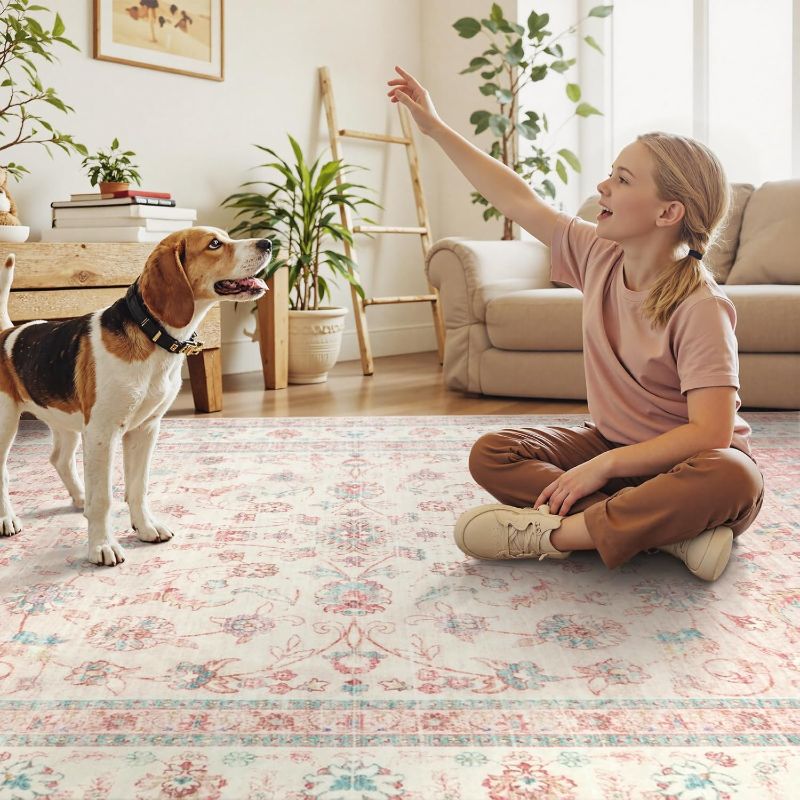 Photo 1 of LIVEBOX Washable 9x12 Area Rugs for Living Room, Light Pink Soft Large Rugs for Bedroom, Non-Slip Boho Cute Floral Area Rug for Dining Room