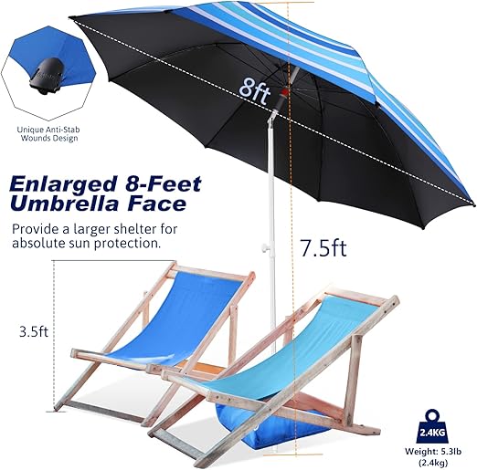Photo 1 of 8FT Large Beach Umbrella with Level 7 Wind Resistance, Sand Anchor, Portable Outdoor Umbrella with UPF50+ UV Protection, Tilt Sun Shelter for Beach, Patio, Yard