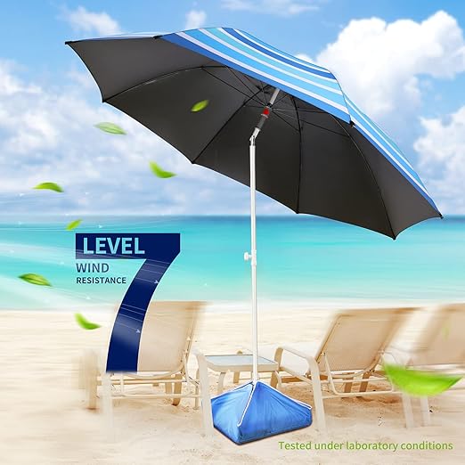 Photo 1 of 8FT Large Beach Umbrella with Level 7 Wind Resistance, Sand Anchor, Portable Outdoor Umbrella with UPF50+ UV Protection, Tilt Sun Shelter for Beach, Patio, Yard