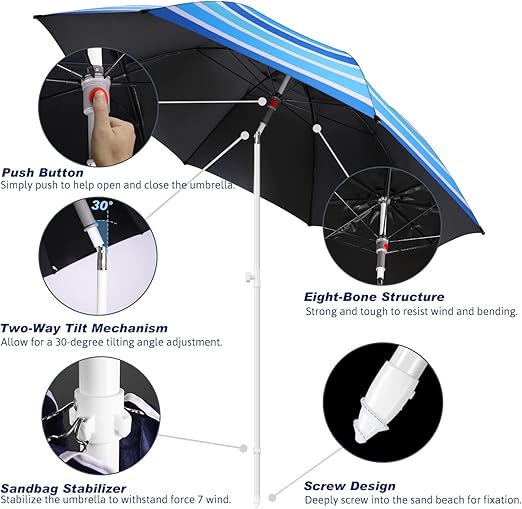 Photo 1 of 8FT Large Beach Umbrella with Level 7 Wind Resistance, Sand Anchor, Portable Outdoor Umbrella with UPF50+ UV Protection, Tilt Sun Shelter for Beach, Patio, Yard