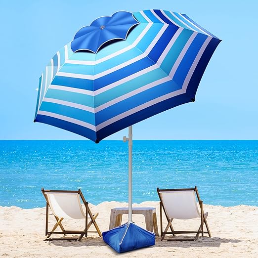 Photo 1 of 8FT Large Beach Umbrella with Level 7 Wind Resistance, Sand Anchor, Portable Outdoor Umbrella with UPF50+ UV Protection, Tilt Sun Shelter for Beach, Patio, Yard