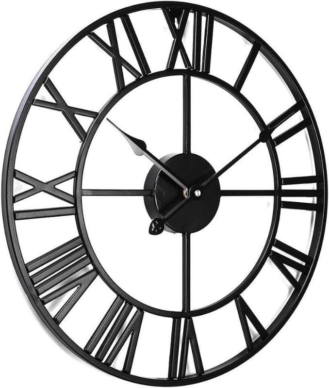 Photo 1 of Antique Tower 24 inch Large Roman Numeral Wall Clock, Indoor Outdoor Patio Waterproof Oversized Decorative Contemporary Clock, Antique Black Metal Wall Clock Battery Operated Retro Art Hanging Clock,2