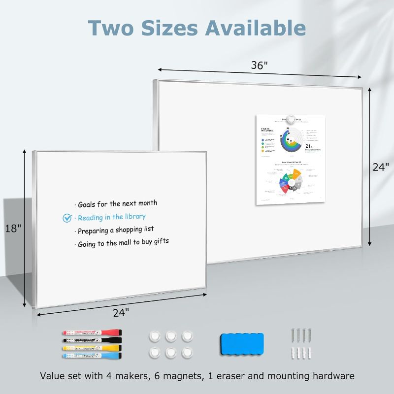 Photo 1 of Whiteboard for Wall, 24" x 18" Magnetic White Board Dry Erase Board with Silver Aluminum Frame, Hanging Wipe Board for Office, Home, School