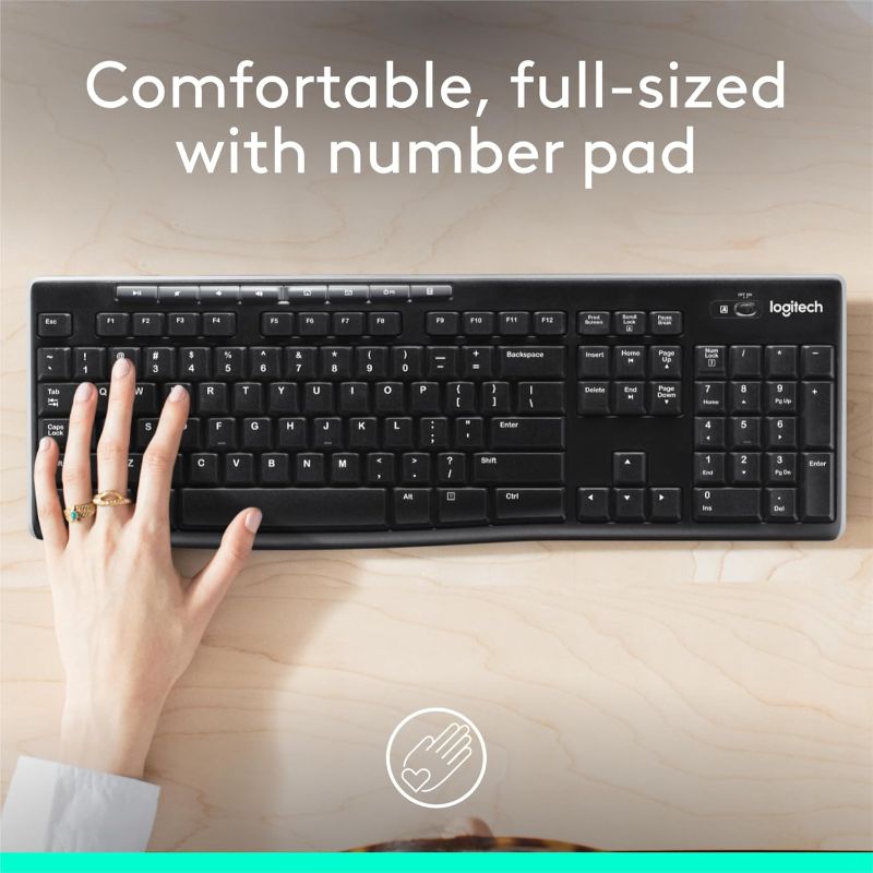 Photo 1 of Logitech K270 Wireless Keyboard for Windows, 2.4 GHz Wireless, Full-Size, Number Pad, 8 Multimedia Keys, 2-Year Battery Life, Compatible with PC, Laptop, Black