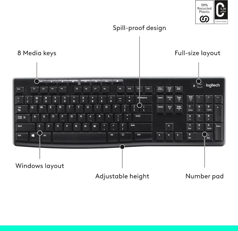 Photo 1 of Logitech K270 Wireless Keyboard for Windows, 2.4 GHz Wireless, Full-Size, Number Pad, 8 Multimedia Keys, 2-Year Battery Life, Compatible with PC, Laptop, Black