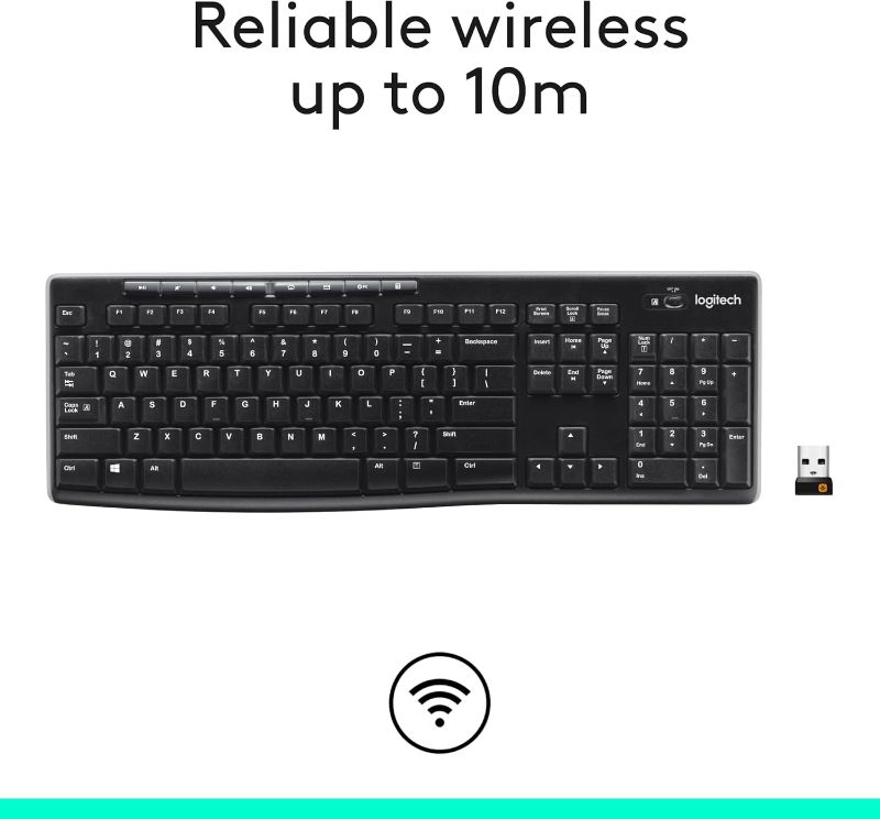 Photo 1 of Logitech K270 Wireless Keyboard for Windows, 2.4 GHz Wireless, Full-Size, Number Pad, 8 Multimedia Keys, 2-Year Battery Life, Compatible with PC, Laptop, Black