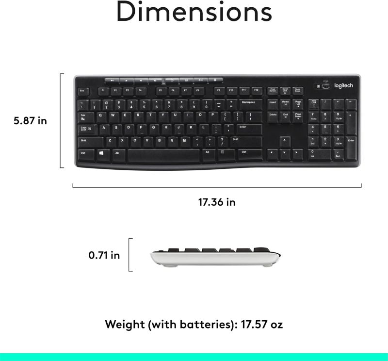 Photo 1 of Logitech K270 Wireless Keyboard for Windows, 2.4 GHz Wireless, Full-Size, Number Pad, 8 Multimedia Keys, 2-Year Battery Life, Compatible with PC, Laptop, Black
