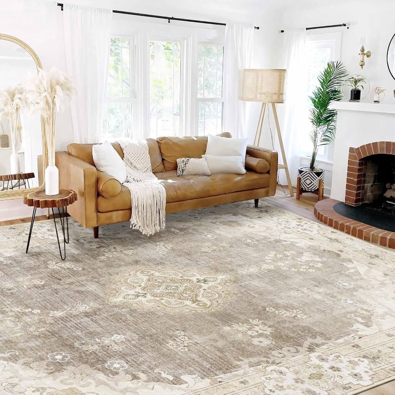 Photo 1 of MUJOO 9’x12’ Area Rug Large Rugs for Living Room Bedroom Dining Room,Boho Washable Non Slip Bohemian Vintage Distressed Farmhouse Non Slip Big Carpet,Beige Floral Flowers