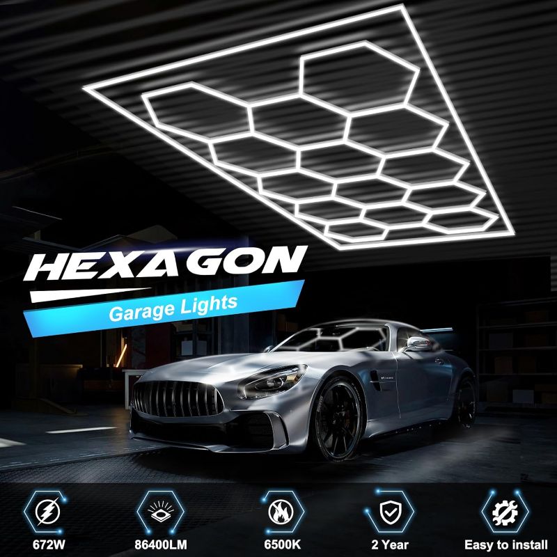 Photo 1 of Hexagon Garage Lights with Rectangle Frame, High Brightness 672W 86400LM 6500K, 14 Hex Grid for Garage, Shop, Basement, Car Detailing Shop etc. with Mounting Clip