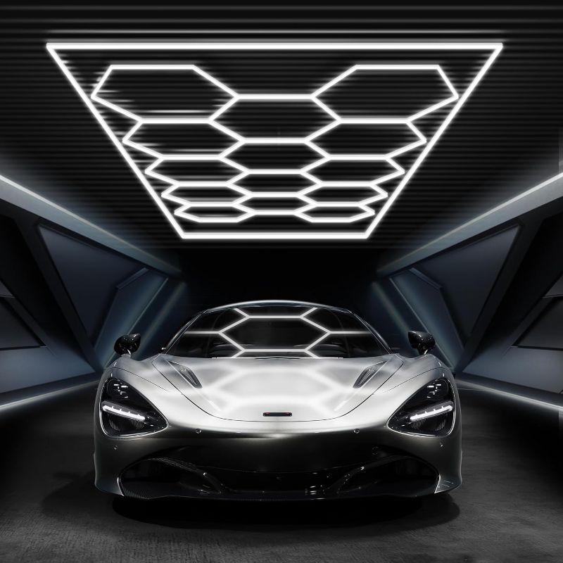 Photo 1 of Hexagon Garage Lights with Rectangle Frame, High Brightness 672W 86400LM 6500K, 14 Hex Grid for Garage, Shop, Basement, Car Detailing Shop etc. with Mounting Clip