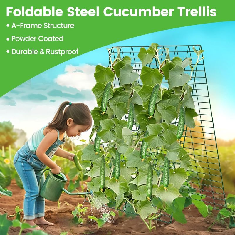Photo 1 of Foldable Cucumber Trellis, 48" L x 34" W A-Frame Trellis, Climbing Plants Support Raised Bed Trellis with Twist Ties & Plant Bags for Outdoor Yards Gardens