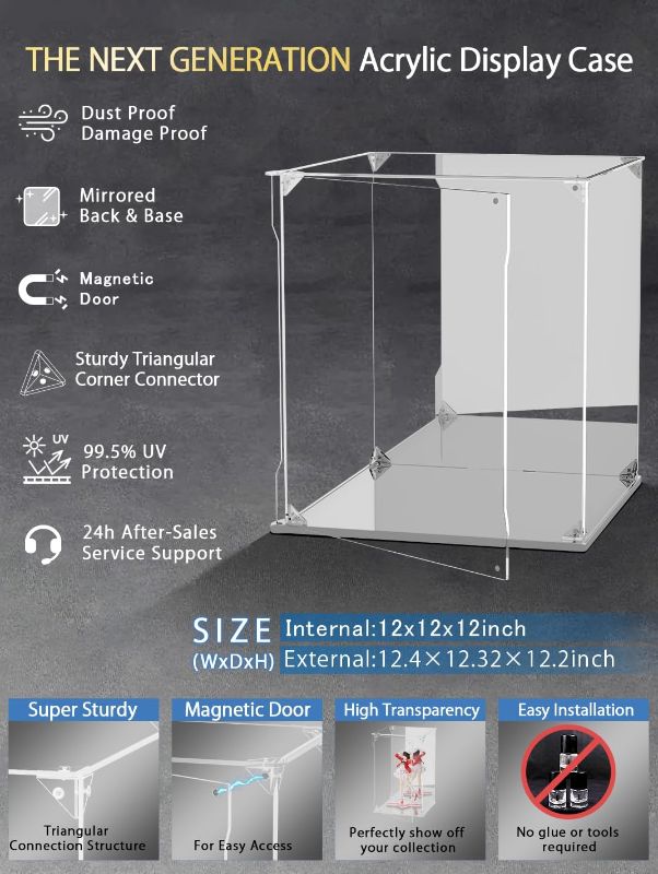 Photo 1 of Clear Acrylic Display Case with Mirrored Back and Base, UV Protected Acrylic Box with Magnetic Door, Dustproof Display Box Showcase for Collectibles, Figures, Models, Toys (12x12x12inch)