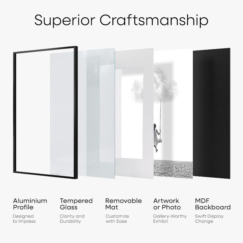 Photo 1 of Homeforia Black 11x14 Picture Frame, High End Metal 11x14 Poster Frames with Mat 8x10, 11 x 14 Black Frame Matted to 8 x 10 inch Photo, 11 by 14 Thin Hanging Frames, Tempered Glass, Wall Kit, Set of 1