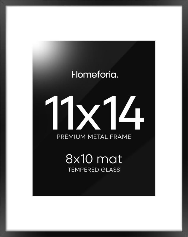 Photo 1 of Homeforia Black 11x14 Picture Frame, High End Metal 11x14 Poster Frames with Mat 8x10, 11 x 14 Black Frame Matted to 8 x 10 inch Photo, 11 by 14 Thin Hanging Frames, Tempered Glass, Wall Kit, Set of 1