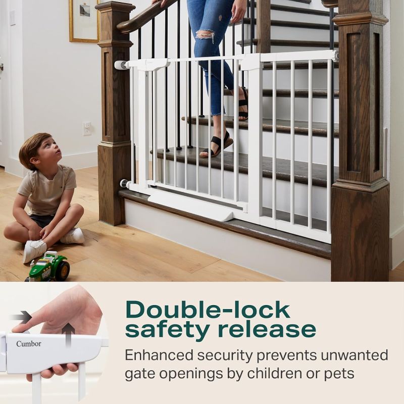 Photo 1 of Cumbor 29.7-46" Baby Gate for Stairs, Toddler Safety Essentials for The House, Auto Close Dog Gate for Doorways, Mom's Choice Awards Winner-Easy Install Pressure Mounted Pet Gates for Dogs, White