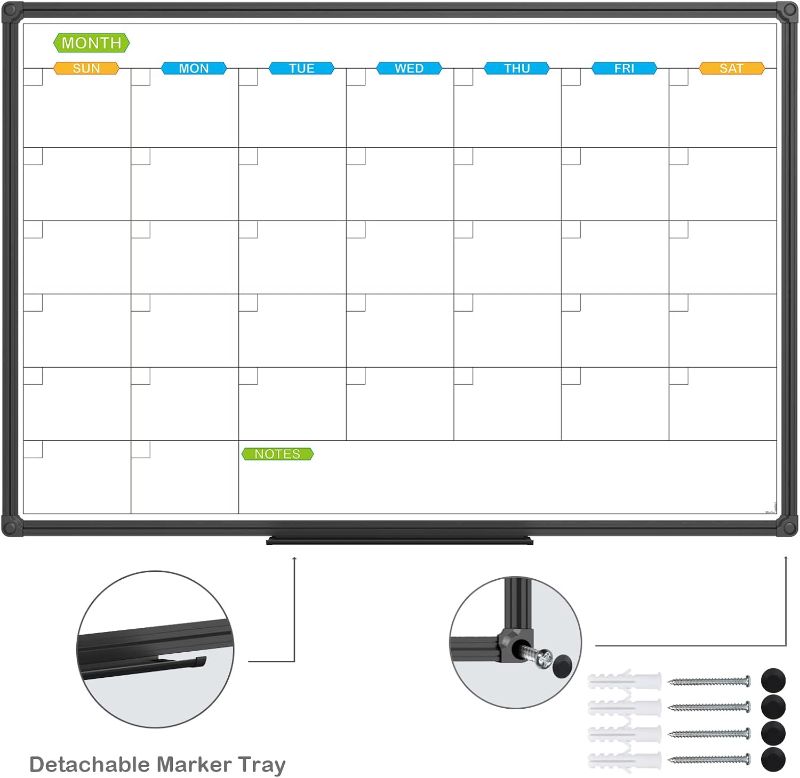 Photo 1 of JILoffice Dry Erase Calendar Whiteboard - Magnetic White Board Calendar Monthly 36 X 24 Inch, Black Aluminum Frame Wall Mounted Board for Office Home and School