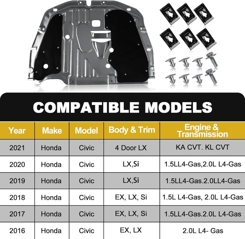 Photo 1 of 74110-TBA-A00 Lower Engine Splash Guard Under Car Shield Cover Board for Honda Civic 2016 2017 2018 2019 2020 2021, Front Centre Underbody Shield | with 90674-TY2-A01 Pins and 90105-TBA-A00 Bolts