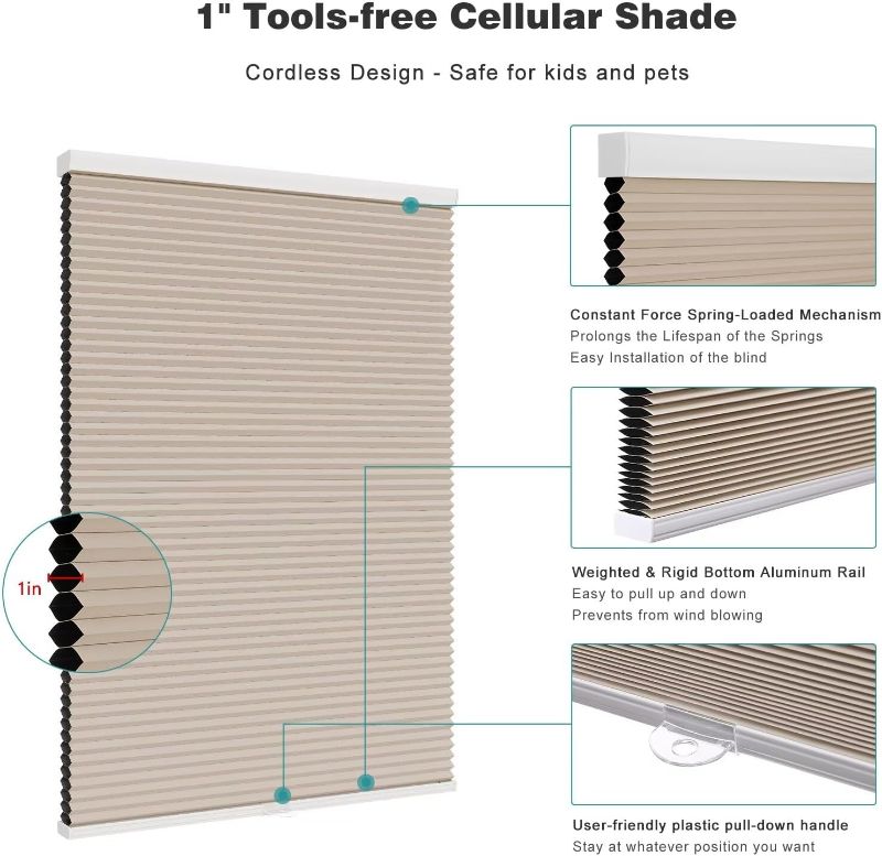 Photo 1 of Changshade Blackout Blinds, Cordless Cellular Shades, Honeycomb Blackout Shades, Room Darkening Blinds, Pull Down Window Shades, Easy to Install Honeycomb Window Blinds for Home&Office, Beige