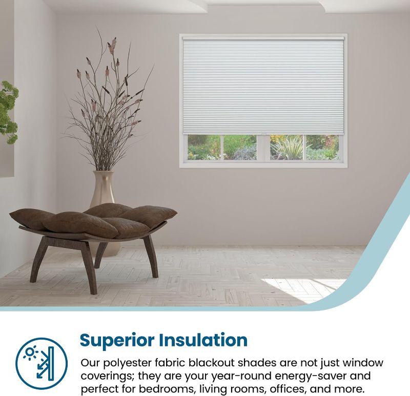 Photo 1 of BlindsAvenue Cellular Honeycomb Cordless Shade, 9/16" Single Cell, Blackout, Cotton White, Size: 27.5" W x 48" H