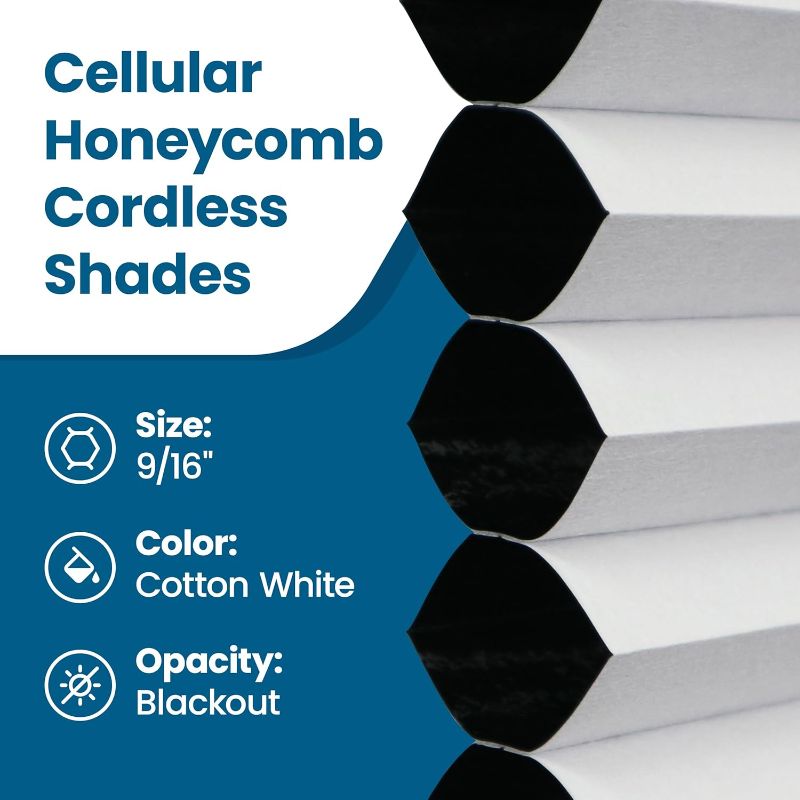 Photo 1 of BlindsAvenue Cellular Honeycomb Cordless Shade, 9/16" Single Cell, Blackout, Cotton White, Size: 27.5" W x 48" H