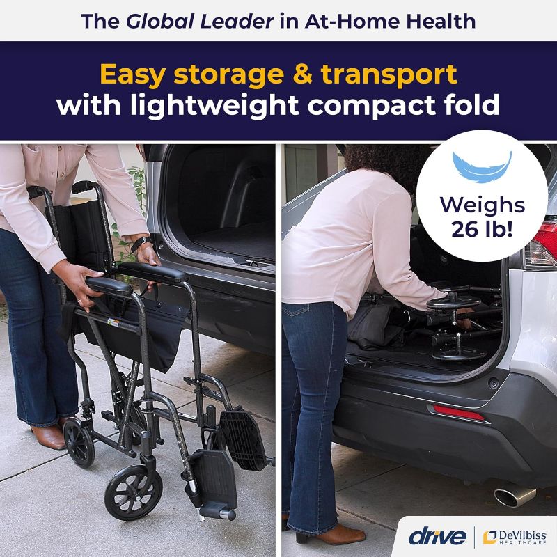 Photo 1 of Drive Medical TR37E-SV Lightweight Folding Transport Wheelchair with Swing-Away Footrest, Silver
