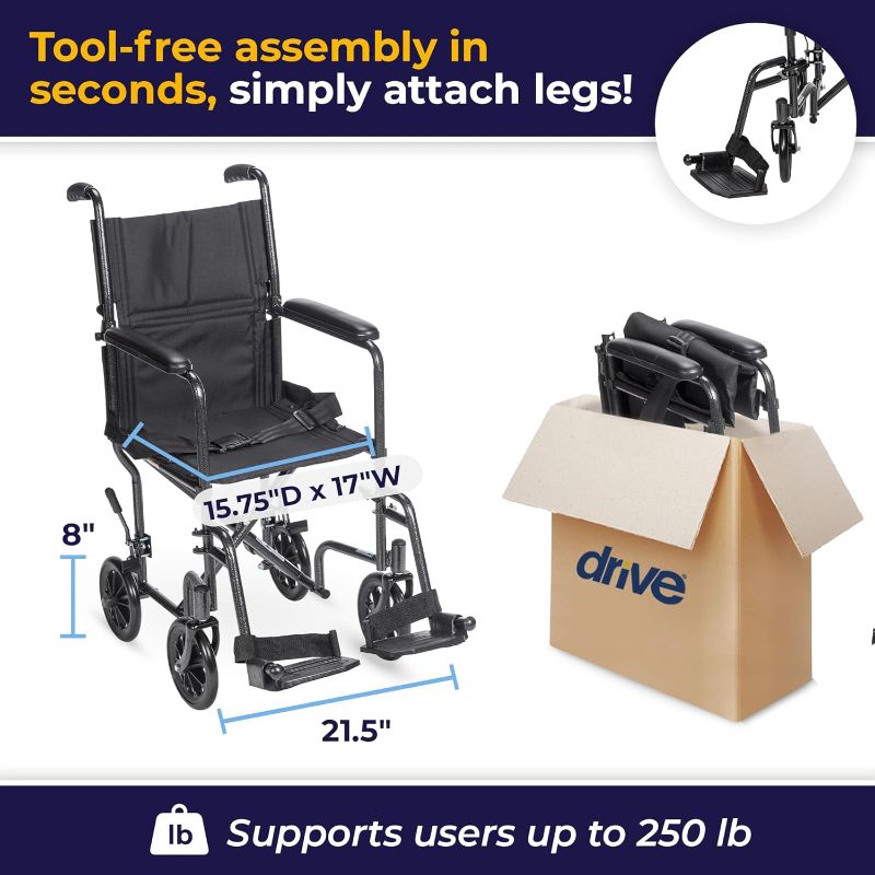 Photo 1 of Drive Medical TR37E-SV Lightweight Folding Transport Wheelchair with Swing-Away Footrest, Silver