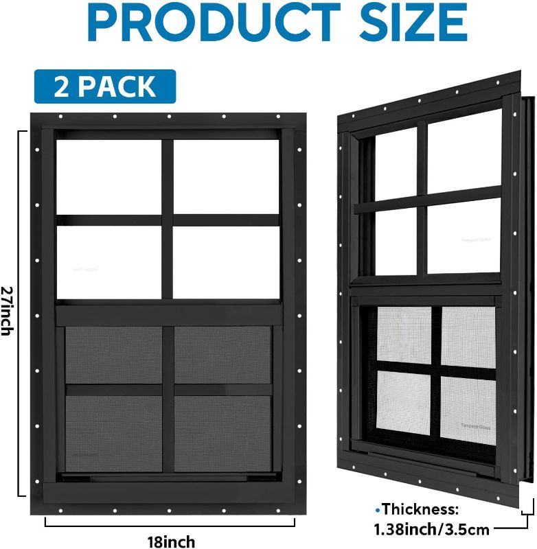 Photo 1 of 2 Pack 18" x 27" Black Shed Window with Tempered Glass and Fiberglass Screen Household Sliding Windows with Srews for Shed, Chicken Coop, Playhouse, Garage and Barns