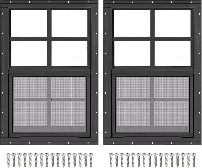 Photo 1 of 2 Pack 18" x 27" Black Shed Window with Tempered Glass and Fiberglass Screen Household Sliding Windows with Srews for Shed, Chicken Coop, Playhouse, Garage and Barns