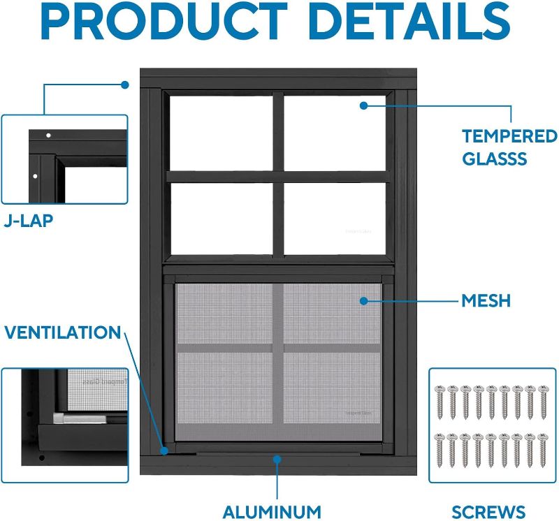 Photo 1 of 2 Pack 18" x 27" Black Shed Window with Tempered Glass and Fiberglass Screen Household Sliding Windows with Srews for Shed, Chicken Coop, Playhouse, Garage and Barns