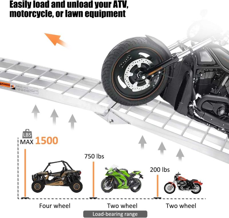Photo 1 of ATV Aluminum Folding Loading Ramps 1500lbs Capacity 7.5FT, 2pc Lightweight Portable for Truck, Motorcycle, 4 Wheeler, Pickup, Trailer, Lawn Mower, Dirt Bike
