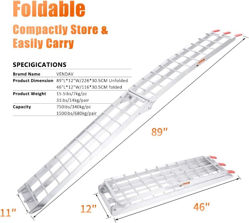 Photo 1 of ATV Aluminum Folding Loading Ramps 1500lbs Capacity 7.5FT, 2pc Lightweight Portable for Truck, Motorcycle, 4 Wheeler, Pickup, Trailer, Lawn Mower, Dirt Bike