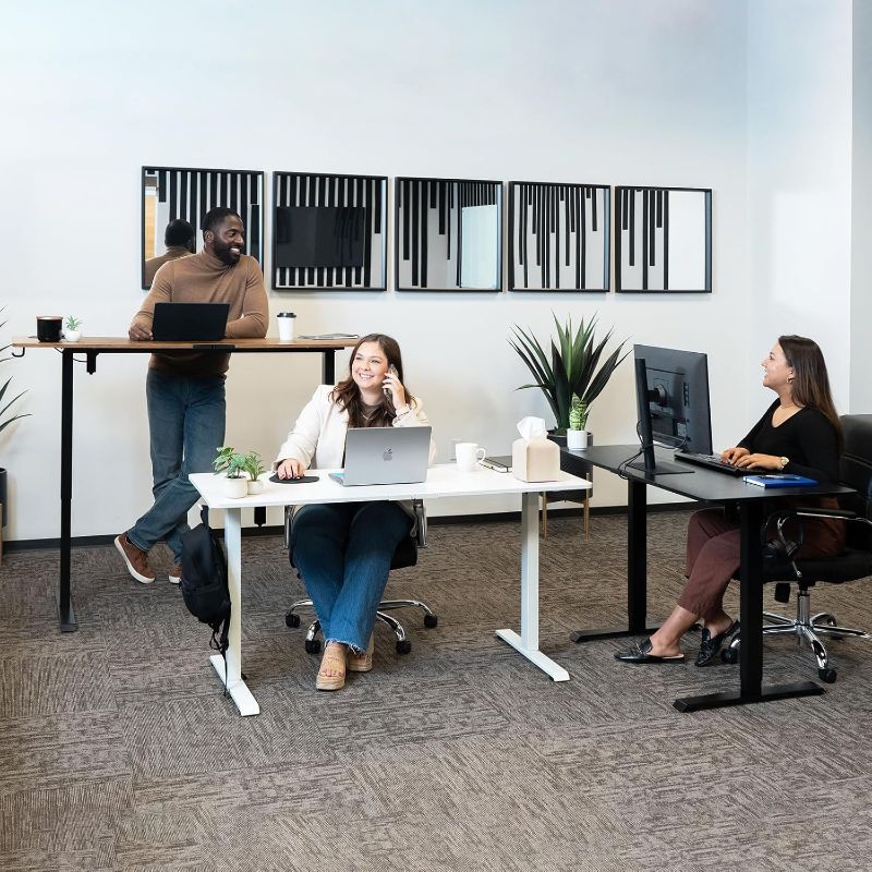 Photo 1 of Veken 55 Inch, Height Adjustable Sit Stand Up, Wood Desktop, Work Home Office Computer PC Table, Tall Standup Workstation, Gaming Writing Study Bedroom Rising Desks, Black