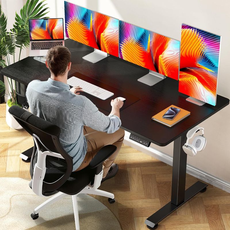 Photo 1 of Veken 55 Inch, Height Adjustable Sit Stand Up, Wood Desktop, Work Home Office Computer PC Table, Tall Standup Workstation, Gaming Writing Study Bedroom Rising Desks, Black