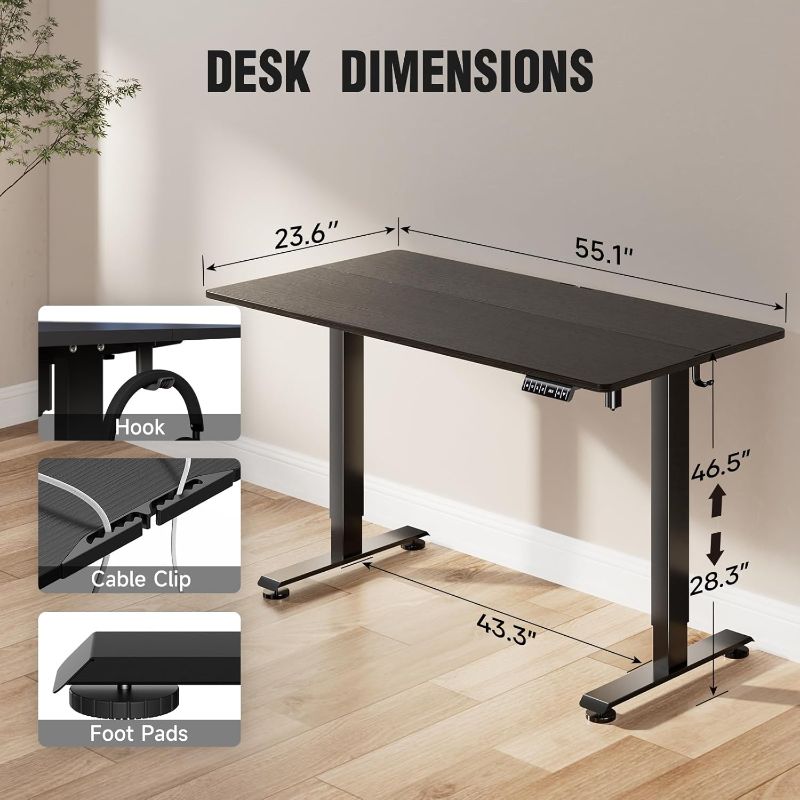 Photo 1 of Veken 55 Inch, Height Adjustable Sit Stand Up, Wood Desktop, Work Home Office Computer PC Table, Tall Standup Workstation, Gaming Writing Study Bedroom Rising Desks, Black