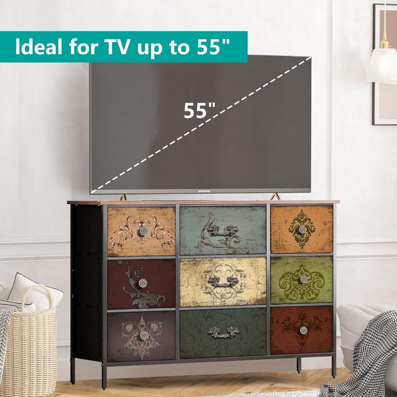 Photo 1 of Dresser for Bedroom with 9 Deep Fabric Drawers, Wide TV Stand Storage Cabinet, Colorful Chest of Drawers for Closet, Nursery, Entryway, Hallway