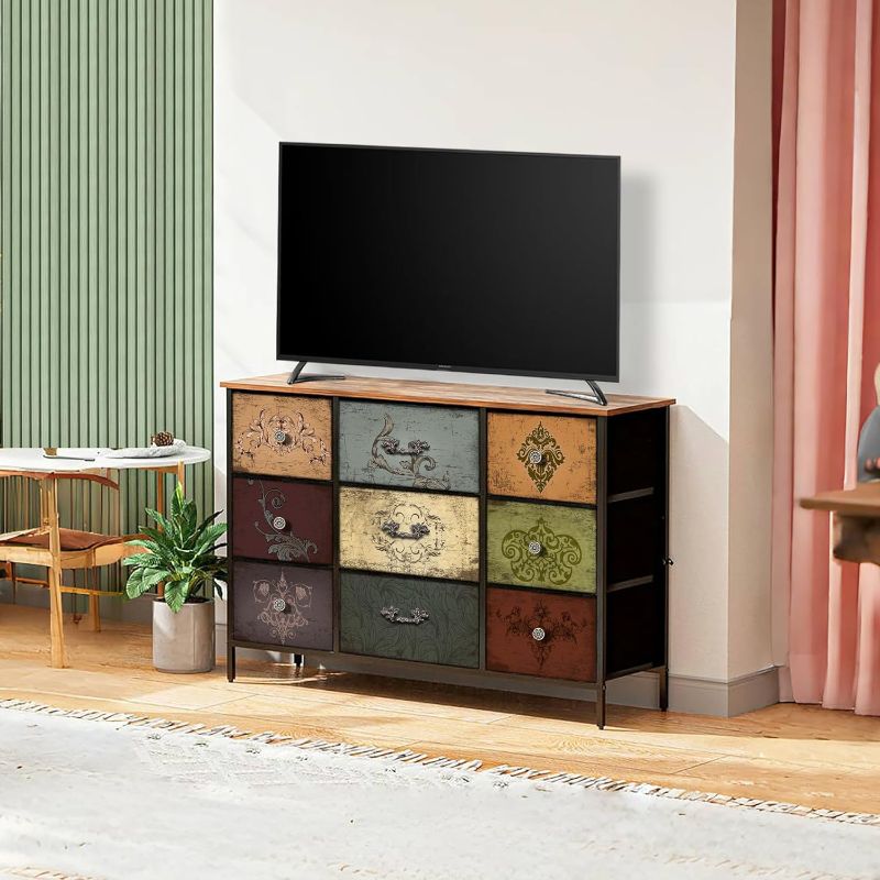 Photo 1 of Dresser for Bedroom with 9 Deep Fabric Drawers, Wide TV Stand Storage Cabinet, Colorful Chest of Drawers for Closet, Nursery, Entryway, Hallway