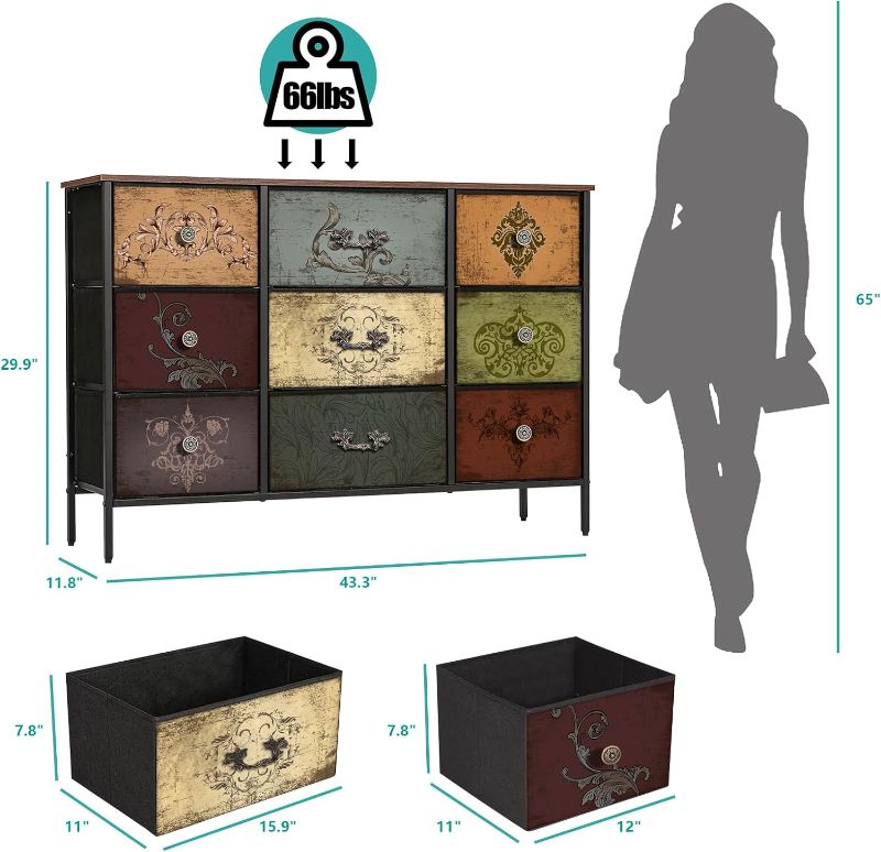 Photo 1 of Dresser for Bedroom with 9 Deep Fabric Drawers, Wide TV Stand Storage Cabinet, Colorful Chest of Drawers for Closet, Nursery, Entryway, Hallway
