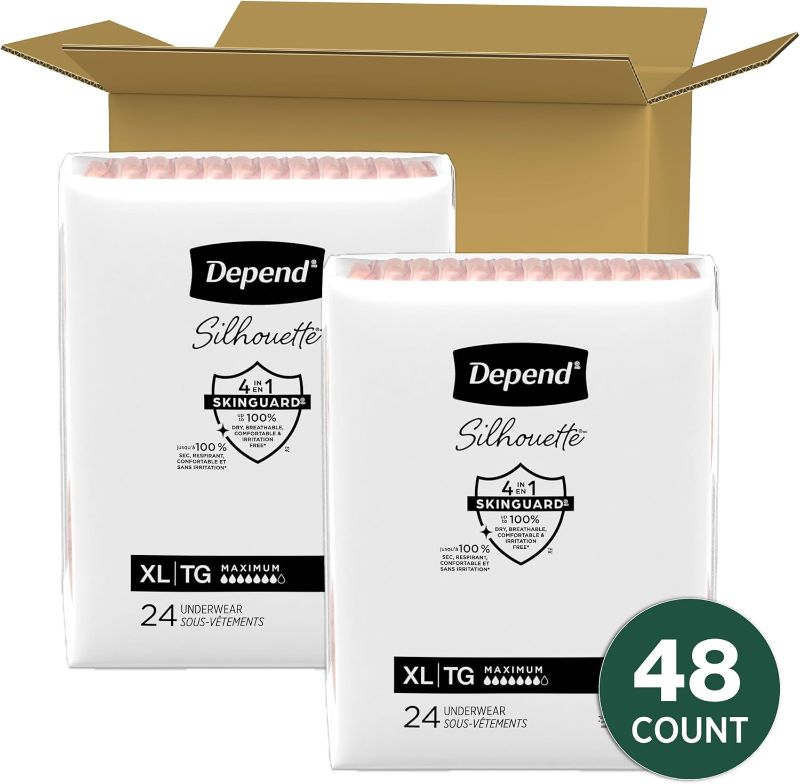 Photo 1 of Depend Silhouette Adult Incontinence & Postpartum Bladder Leak Underwear for Women, Maximum Absorbency, Extra Large, Pink, 48 Count (2 Packs of 24), Packaging May Vary