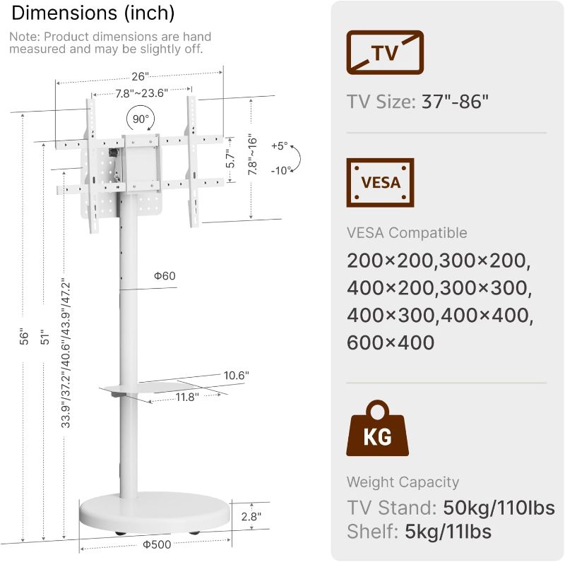 Photo 1 of Height Adjustable Rolling TV Stand for 37-86 Inch TV up to 110 Pounds, Portrait to Landscape, Heavy Duty Mobile TV Cart with Shelf Max VESA 600x400mm (White)