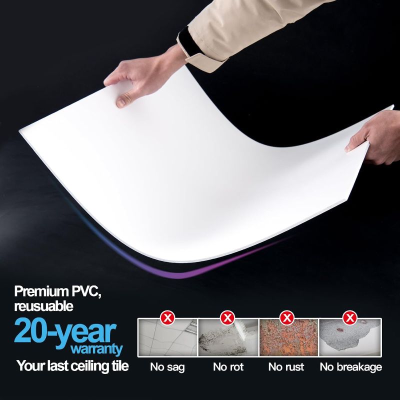 Photo 1 of Art3d 12-Pack Smooth Drop Ceiling Tile 2ft x 2ft - Fire-Rated, Waterproof, Reusable - Preimum PVC, No Sag and Breakage - Cover 48 Sq. Ft, White