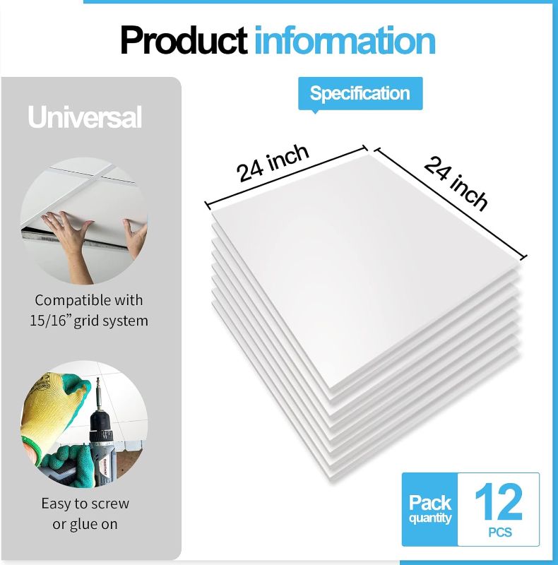 Photo 1 of Art3d 12-Pack Smooth Drop Ceiling Tile 2ft x 2ft - Fire-Rated, Waterproof, Reusable - Preimum PVC, No Sag and Breakage - Cover 48 Sq. Ft, White