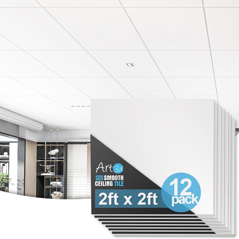 Photo 1 of Art3d 12-Pack Smooth Drop Ceiling Tile 2ft x 2ft - Fire-Rated, Waterproof, Reusable - Preimum PVC, No Sag and Breakage - Cover 48 Sq. Ft, White