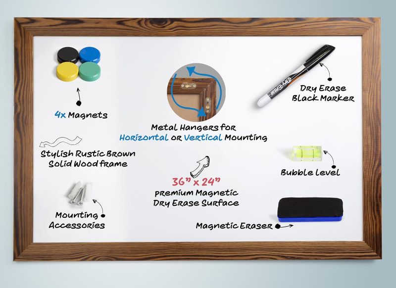 Photo 1 of Real Wooden Framed Magnetic Dry Erase Whiteboard, 24" X 36", Vertical/Horizontal Wall Mount, Includes Black Marker, Eraser and 4 Magnets, by Better Office Products (Rustic Brown)