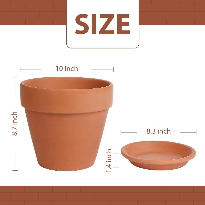 Photo 1 of INGOFIN Terracotta Pot with Saucer - 10 Inch Ceramic Clay Pot for Plants with Drainage Hole, Large Terra Cotta Flower Planter with Tray for Indoor Outdoor Plants
