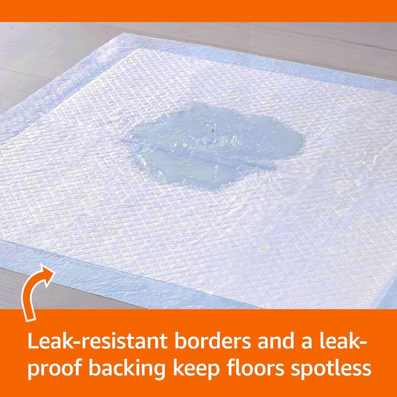 Photo 1 of Amazon Basics Dog and Puppy Pee Pads, 5-Layer Leak-Proof Super Absorbent, Quick-Dry Surface, Potty Training, Regular (22x22"), 150 Count, Blue & White