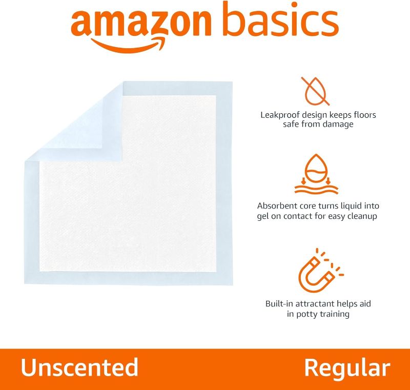 Photo 1 of Amazon Basics Dog and Puppy Pee Pads, 5-Layer Leak-Proof Super Absorbent, Quick-Dry Surface, Potty Training, Regular (22x22"), 150 Count, Blue & White
