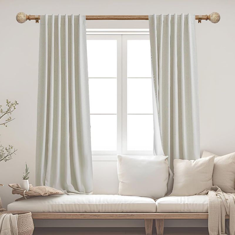 Photo 1 of Wood Curtain Rods for Windows: 1 Inch Diameter Adjustable Drapery Rods 48" to 86", 2 Pack Heavy Duty Window Rod with Imitation Wood Grain Leaf Pattern Finials
